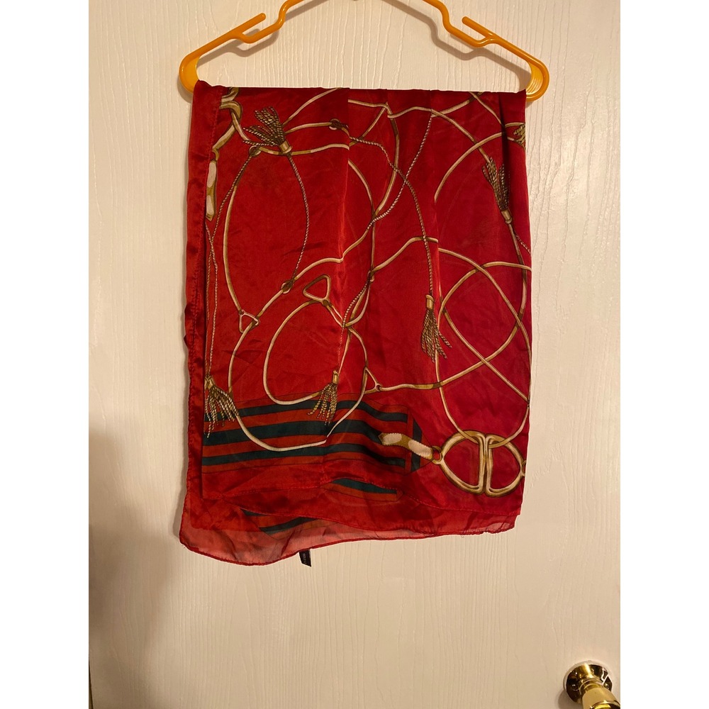 Red 100% Silk Scarf Equestrian Tassel Rope Print Nautical Square Scarf
0273